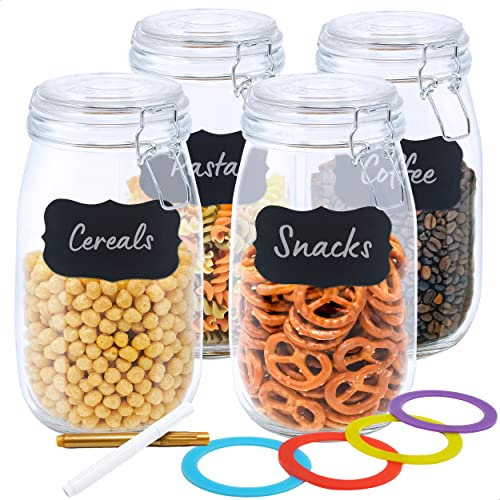 LG Luxury & Grace 4 Tarros de Cristal Herméticos 1,5 L. Botes de Vidrio con Clip Inoxidable. Con Anillas de Silicona. Conservas y Almacenamiento. Incluye Juntas de Repuesto + Etiquetas y Rotuladores.