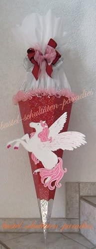 Generisch Schultüten Bastelset Pegasus dunkelrot mit Schleifenband-Rüsche, Glitzer-Rohling