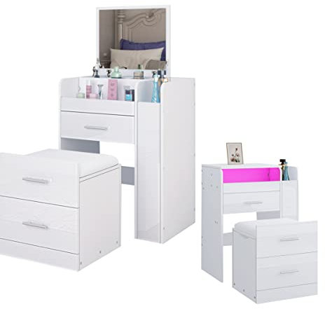 Schminktisch-Set mit LED-Lichtern, 90° Klappspiegel, 2 Schubladen, Make-up-Tisch-Set mit gepolstertem Hocker, Make-up-Schreibtisch, Schminktisch für Mädchenzimmer (Weiß)