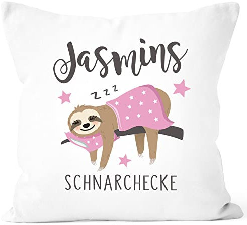 MoonWorks SpecialMe® Kissen-Bezug personalisiert Schnarchecke mit Namen Faultier persönliche Geschenke Frauen Kinder lustig weiß 40cm x 40cm