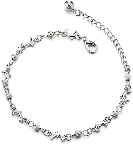 COOLSTEELANDBEYOND Damen Gliederkette Fußkette Fußkettchen mit Delfine Charms, Ball und Klingglöckchen, Verstellbare