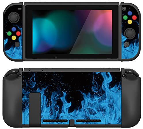 playvital Cover Protettiva Custodia per Nintendo Switch,Copertura Morbida Pellicola Vetro Temperato Copri Analogici Tasti per Nintendo Switch Joycon Console-ZealProtect-Fiamma Blu