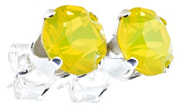 pewterhooter Yellow Opal 925 Sterling Silver Stud Earrings for Women | Created with Swarovski Crystals. Made in the UK. Gift Box