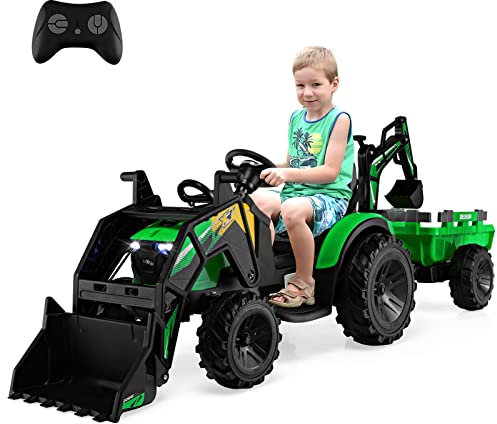 COSTWAY 12V Kinder Traktor mit Anhänger, Grabschaufel und Baggerschaufel, Elektro Aufsitztraktor mit Musik und Scheinwerfern, inkl. Fernbedienung, für Kinder von 3-8 Jahren (Grün)