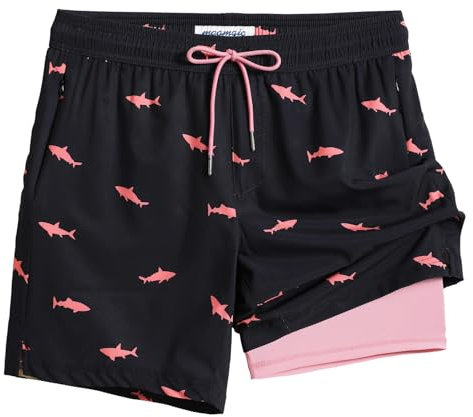 MaaMgic Uomo Costume da Bagno Corto 2-in-1 Compressione Pantaloncini da Surf 7 Pollici Interni Asciugatura Rapida Shorts con Tasche Squalo Nero Rosa M