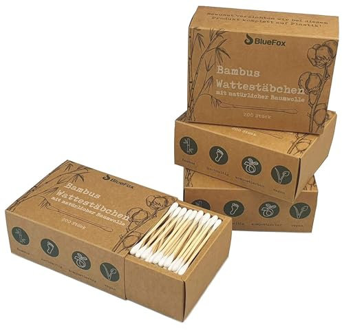 BlueFox Bambus Wattestäbchen ohne Plastik 3200 Stück, Ohrenstäbchen vegan, Q tips nachhaltig mit Baumwolle, kompostierbare, biologisch abbaubar, qtips, cotton bud, Farbe: Natur