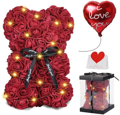 Orsetto Rosa Fiore Regalo Donna, Regali Festa Della Mamma, Orso Rosa Regali per Lei, Rose Teddy Bear con luci, Regali di compleanno per Ragazza con Confezione Regalo Trasparente e Biglietto d'amore