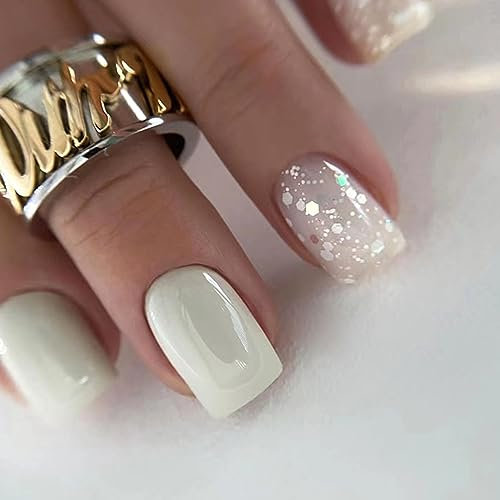 24 Stück Nägel Zum Aufkleben Eckig Kurz, French Tips Rein Weiß Press on Nails Glänzend Full Cover Kunstnägel mit Klebepads, Square Natürlich Acryl Künstliche Fingernägel für Frauen und Mädchen