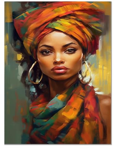 CcacHe Africaine Tableau Chambre En Toile, Portrait De Femme Noire Orange, vert Tableau de décoration murale pour galerie salon à coucher salle de bain -70x100cm Sans cadre