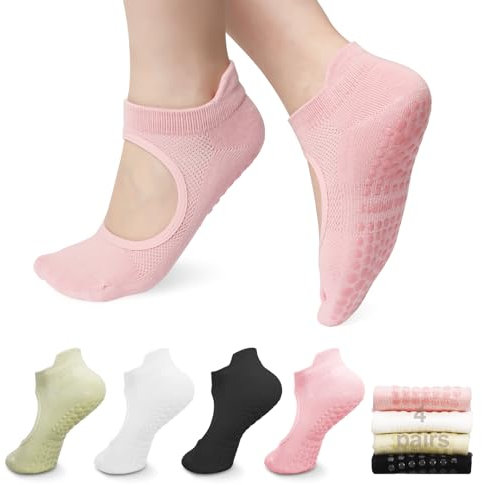 Halinuia 4 paia Calzini Antiscivolo Donna Pilates 35-40, Calze Sportivi Grip Socks Yoga Accessori, Comodi Elastici, per Ginnastica Esercizi Sport Balletto Danza Fitness
