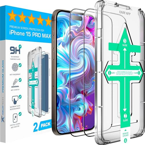 XeloTech Schutzglas für iPhone 15 Pro Max, Schutzfolie aus hartem Premium Glas, 2 Stück, mit bewährter Schablone-Installationshilfe, Hartglas, 9H+ Härte (3D Ultra Transparent)