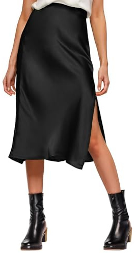 Amy Babe Womens Satin Silk High Waist Slit Midi Skirt Long Skirts for Women