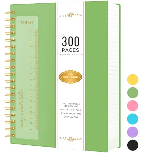 NIRMIRO B5 Lined Notebook Hardback, 300 Pages/ 150 Sheets Wirebound Spiral Notepad Note Book for Writing, 100GSM Lined Paper, No Bleed, Green PVC Cover, 18.5 x 25.8cm