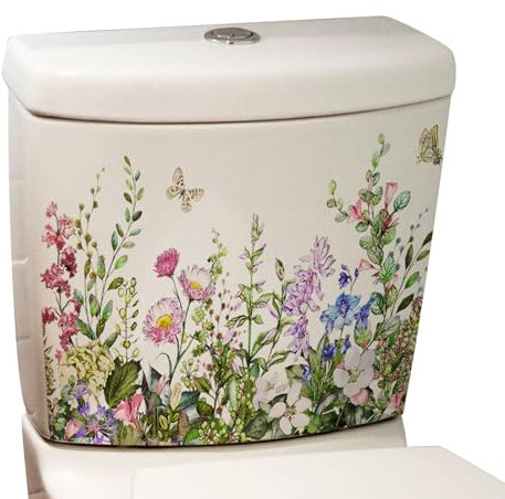 Flower&Butterfly Toilet Tank Sticker Self Adhesive Murals Stickers Bathroom Wall Sticker Flower Home Decorations Decals Bathroom Wall Stickers Waterproof Bathroom Wall Stickers Decors Bathroom Wall