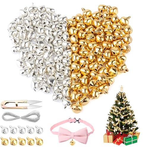 120 Stück Kleine Glöckchen zum Basteln, 12mm Gold, Silber Metallglöckchen für Basteln mit 5m Schlüsselband und Schere, Schellen Glöckchen für DIY Weihnachten Dekoration, Katzenspielzeug