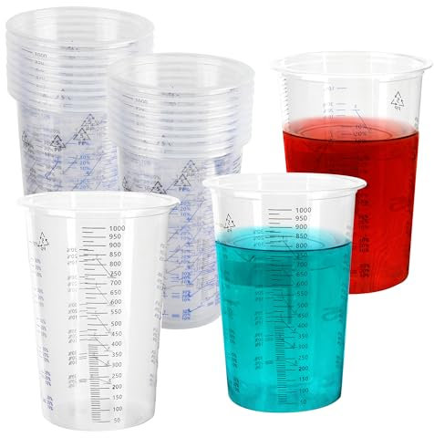YKUKIZEE 30 Pcs 1000 ml Paint Mixing Cups with Scale, 35 oz Clear Measuring Cups for Resin, Plastic Graduated Cups for Pigment Liquids