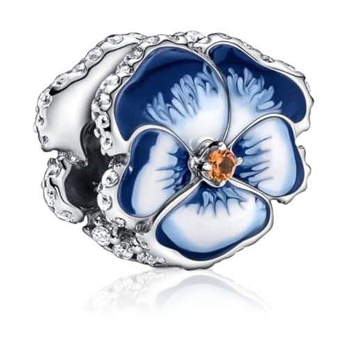 MSPOVOF Blue Pansy Flower Charms 925 Sterling Silber 5A Zirkonia Anhänger für Armband Halsketten Schmuck Geschenk für Damen Frauen