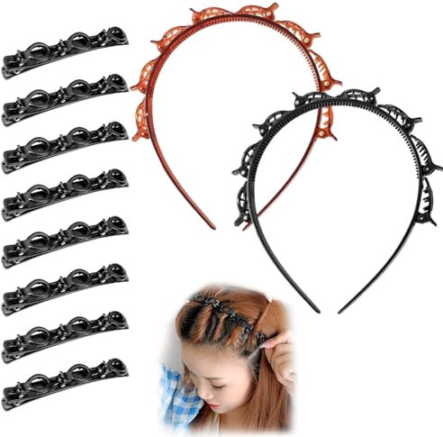 Bettinay 10PCS Headband Hair Band with Clips Attached, Double Layer Twist Plait Headband for Women's Girls Clip
