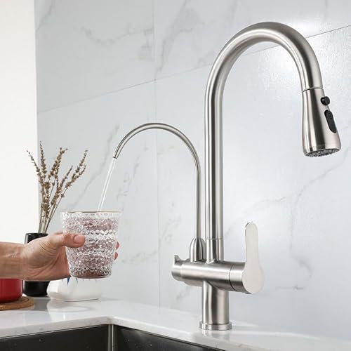 ZYCDP 3 Wege küchenarmatur Wasserfilter Wasserhahn mit Osmoseanlage, Wasserhahn küche 360 Drehbar Wasserhahn mit Filter Trinkwasser 2 Modi Gebürstet