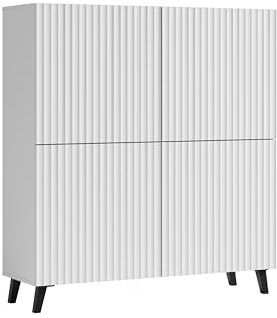 MINIO go for it - Kommode LOKET, 120 cm Breit, Kommode mit 4 Türen, Hochkommode, Highboard, hohe Kommode, Hochschrank, Wohnzimmer Möbel, Farbe: Weiß/Weiß mit gerillten MDF-Fronten