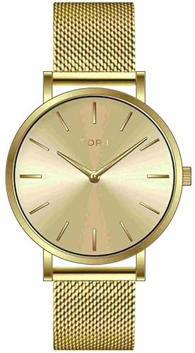 TORII Damenuhr Gold Edelstahl - rund Quarz G38GM.PG Milanaise-Armband Strichindizes wasserdicht 50 m