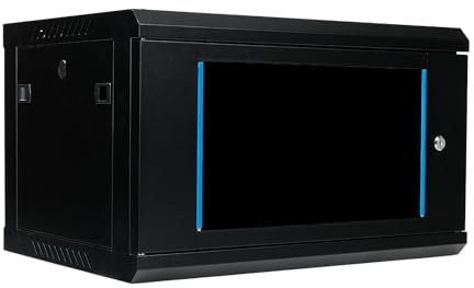 Koscom Connect Netzwerkschrank I Serverschrank 19 Zoll I Wandmontage I 450 mm Tiefe I 600 x 450 x 369 mm I voll montiert I abschließbare Glastür I Traglast 100 kg (Schwarz - 45cm, 6HE)