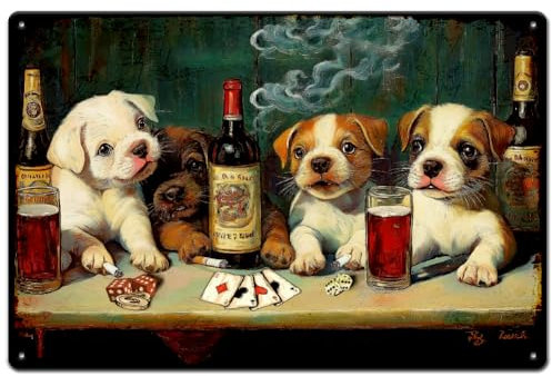 SUPERDANT Puppy and Beer Tin Sign Board Game Metal Signs Dog Wine Wall Plaque Funny Iron Art Poster for Kitchen Bars Pub Man Cave Vintage Decor
