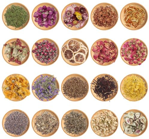 Xbessc 20 Beutel Trockenblumen Getrocknete Blüten Jasmin Lavendel Vergissmeinnicht Rose Getrocknete Blumen Natürliche Dried Flowers für Seifenherstellung DIY Kunst Basteln Deko Kerze Harz Schmuck