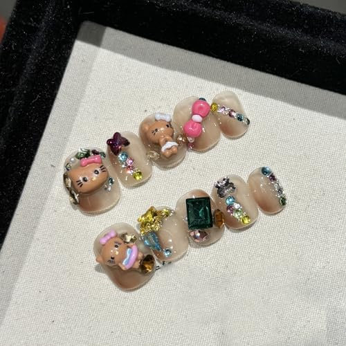Handmade Press On Nails Short MouyouGlow, Square Round Kawaii Cute Nude 3D Kitty Bow Tie Bow Glitter Stone Stars Rhinestone Y2K Resuable Fake Nails, Handmade Artificial Fingernails, 10 Pieces, 551-S