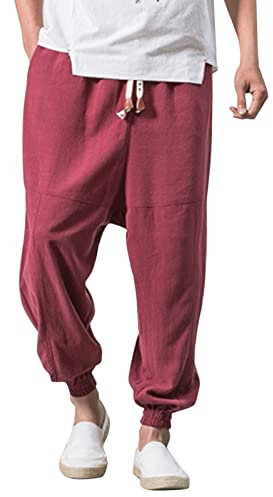 Pantalon Japonais Homme, Pantalon Sarouel Homme Large été Léger Pantalon De Jogging Harem Streetwear en Coton Lin Décontracté Baggy Plage Confortable Respirant Pants Yoga Casual, Pantalon Cargo Homme