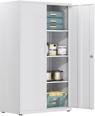 HOMSTEEL Armario metálico, Armario de Garaje de 4 Estantes con Cerradura, de Oficina con Estantes Ajustables, para Oficina, Garaje y Lavadero, Blanco