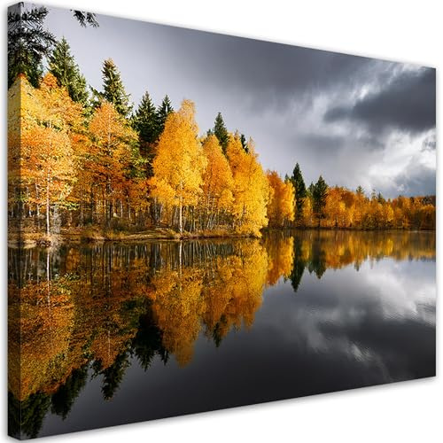 Feeby - Impression sur Toile - Deco Tableau Murale Intissé - Forêt d'automne au bord du lac - 90x60 1partie - Photo Peinture - Pour Chaque Pièce de Votre Appartement