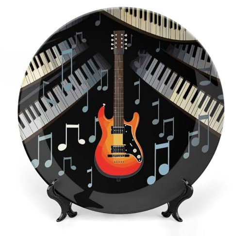 Speiseteller aus Knochenporzellan, Motiv: Gitarre, Klaviermuster, groß, 25,4 cm, dekorative Teller für Display, Keramik-Wüstenteller mit Präsentationsständer, personalisierter Porzellanteller für