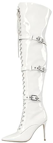 Veelau Meieer Stivali da donna con tacco stiletto, stringati, da motociclista, sopra il ginocchio, con cinghie, fibbie, cerniera, bianco, 43 EU