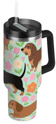 Botella de agua de acero inoxidable reutilizable al vacío con diseño de perro salchicha marrón de dibujos animados, tapa a prueba de fugas y pajita, taza decorativa para escuela, deportes, guardería