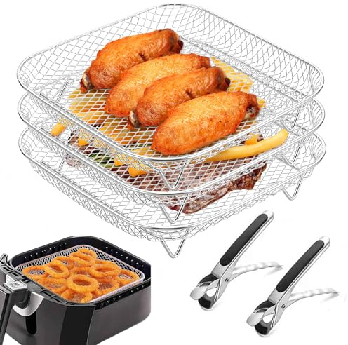 3 Stück Air Fryer Racks, Körbe für Airfryer, Luftfritteuse Korb Tray, Korb Stapelbar Luftfritteuse Racks, Edelstahl Heißluftfritteuse Zubehör, Air Fryer Zubehör, Luftfritteusen-Gestell mit 2 Zangen