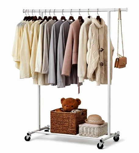 House Of Home Heavy Duty Clothes Rail with Shelf on Wheels – Adjustable Width & Height, Garment Rack, 80kg Capacity, Lockable Castors (White)