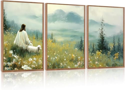 HPNIUB 3 Stück Jesus Hirte Schaf Leinwandbild Glaube Schlafzimmer 30x40cm