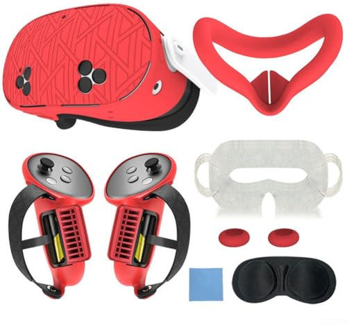 Besshepplo VR Headset Accessory Set With Protective Shell Controller Covers Anti-Leakage Nose Pad Lens Cover Joystick Cap For Meta For Quest3S VR Headset(red)