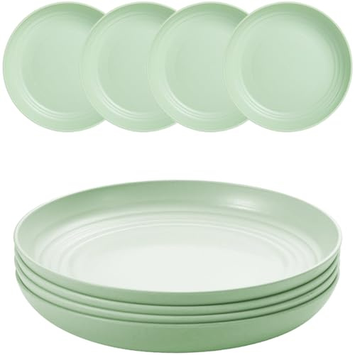 MaoMaoCha Plastic Plates Reusable Set of 4, 20 cm Unbreakable Dinner Plates | Lightweight Camping Plate for Picnic, Salad, Pasta, Party, Home, Office, Dishwasher & Microwave Safe (Green)