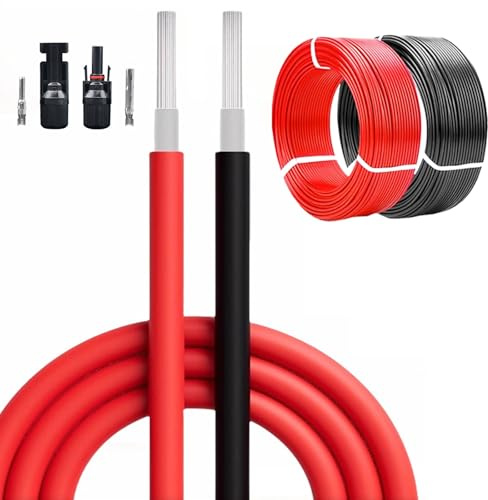 Cavo For Pannello Solare 2x100 Piedi 10AWG Con Connettori, Cavo Di Prolunga Solare In Rame Stagnato For Impianti Fotovoltaici, Camper, Barche 100 Ft Rosso + 100 Ft Nero(2x65ft,4.0 mm²(10AWG))