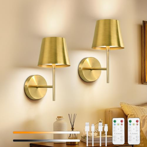 Dehobo Gold Rechargeable Wall Lights Set of 2, Battery Operated Wall Lights | Metal LED Wireless Wall Lamps Indoor Dimmable 3 Colors with Remote, for Bedroom, Dining, Hallway, Staircase, Night Light