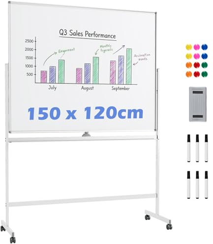 COSTWAY Doppelseitiges mobiles Whiteboard, 150 x 120 cm, höhenverstellbares magnetisches Whiteboard mit Rollen, Ständer und Stiftablage, inkl. Zubehör für Schule, Büro, Zuhause (Weiß)