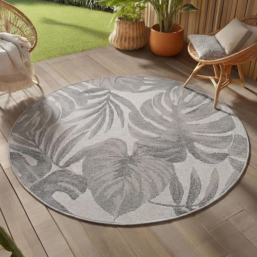 Teppium Outdoor Teppich Rund 120 cm Grau, Wetterfest UV-beständig, Balkon Terrasse Garten Teppich Indoor Outdoor, Palmblätter Design Leicht zu Reinigen