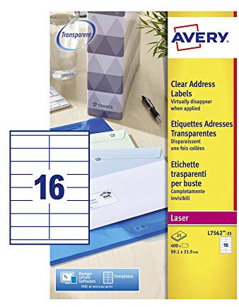 Avery L7562-25 Adressetiketten 16 pro Blatt 99,1 x 33,9 mm 400 Stück transparent
