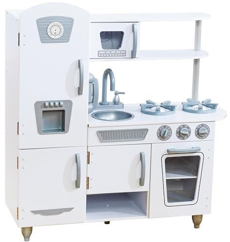 KidKraft Vintage White Toy Kitchen, Wooden Play Kitchen with Toy Phone, Kids' Kitchen set with Retro Toy Fridge, 53208