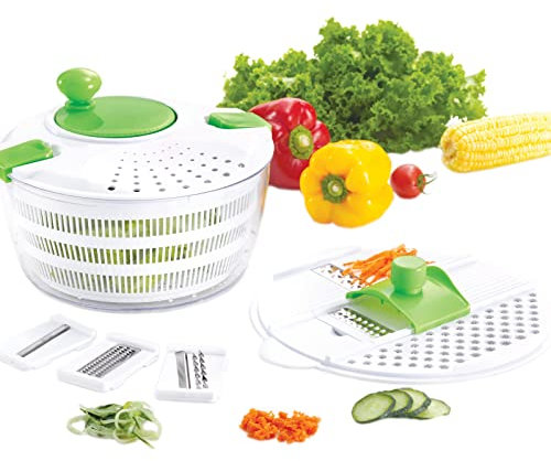 Huji Multifunctional Large Salad Spinner (4 Quarts) and Mandoline Set – 5 Blade Slicer, Drainer, Tosser, Vegetable Dryer with a Pouring Spout