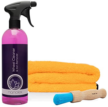 Felgen Reinigung Set Nanolex Felgenreiniger & Flugrostentferner Wheel Cleaner & Iron Remover 750ml ValetPRO Chemie resistenter Felgen Pinsel, Liquid Elements Orange Baby, Mikrofaser Trockentuch