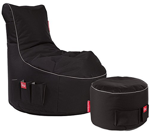 Gamewarez Cosmic Lightning 2.0 Bundle – Set aus Gaming-Hocker und Gaming-Sitzsack mit Rückenlehne zum Zocken, praktische Seitentasche zur Aufbewahrung, schwarz-grau