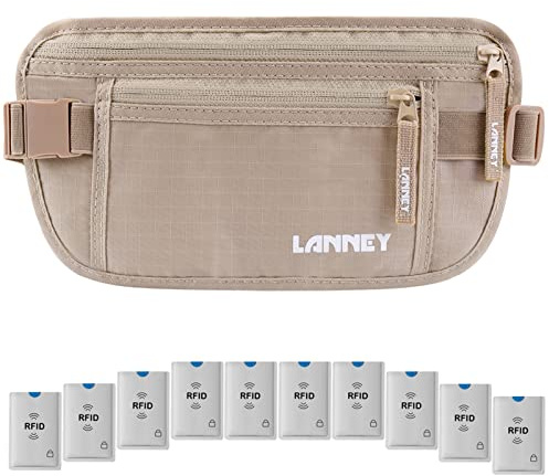 Money Belt for Travel, Slim RFID Blocking Women and Men Hidden Travel Pouch Under Clothes, Passport Holder Protect Cash Credit Card with 10 RFID Sleeves